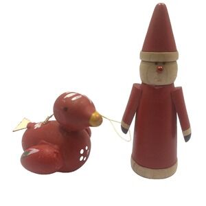 Set Of 2 Vintage MCM 60s Danish Wooden Tiny Christmas Ornaments Bird Santa